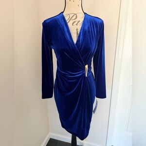 New Calvin Klein Electric Blue Velvet Wrap Style Dress w/Gold Bar 8P Petite NWT